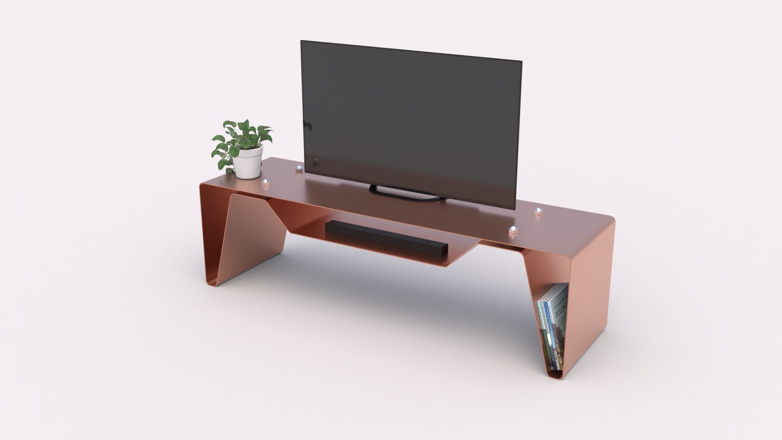 Render van een tv-meubel in gezet plaatstaal in koperkleur