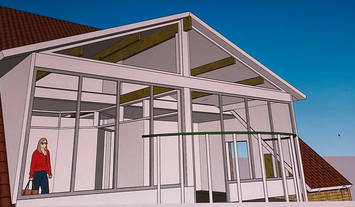 3D-model van een veranda in houtskeletbouw tegen een bestaande woning