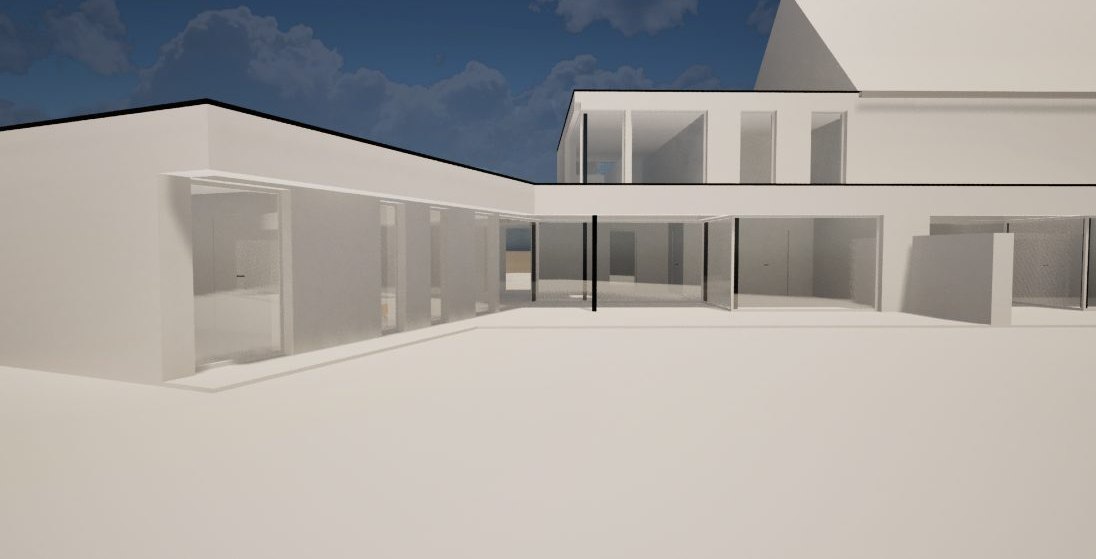 Witte render van een woning met een lang, laag volume en grote glaspartijen
