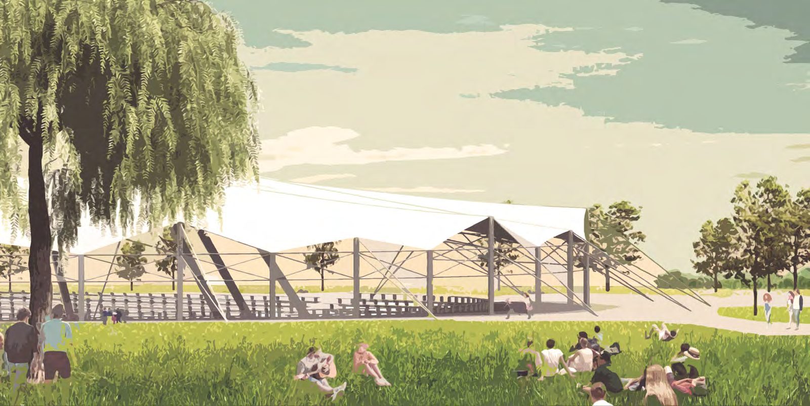 Render van een membraandak boven een tribune in een parklandschap